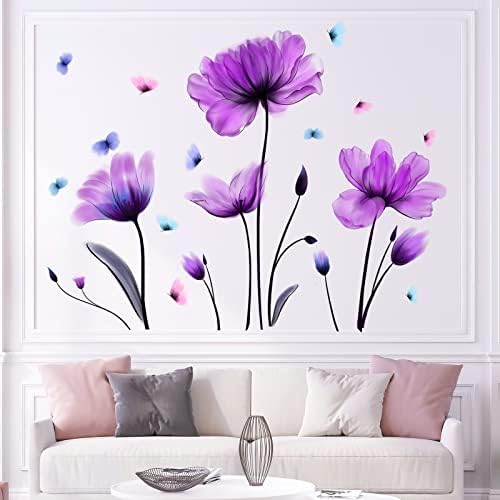 Purple Floral Wall Sticker Removable Butterfly Wall Decal for Nursery Bedroom Kids Room
