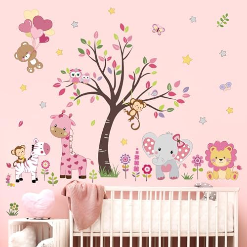 Pink Animal Tree Wall Decals for Girls Bedroom and Nursery