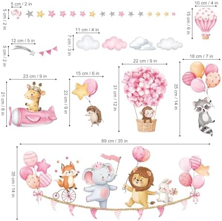 Pink Animal Hot Air Balloon Wall Decals for Girls Room
