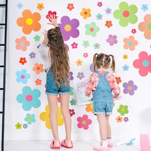 COMNICO 63pcs Colorful Y2K Floral Wall Stickers for Kids Bedroom Decor