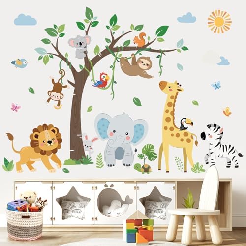 Jungle Animals Tree Wall Decals for Kids Room Decor