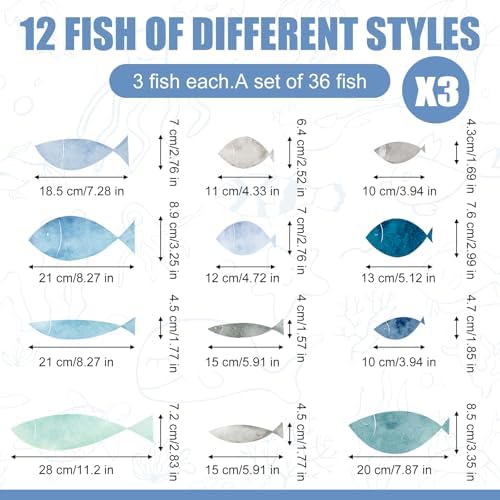 36 Pcs Watercolor Blue School of Fish Wall Decals