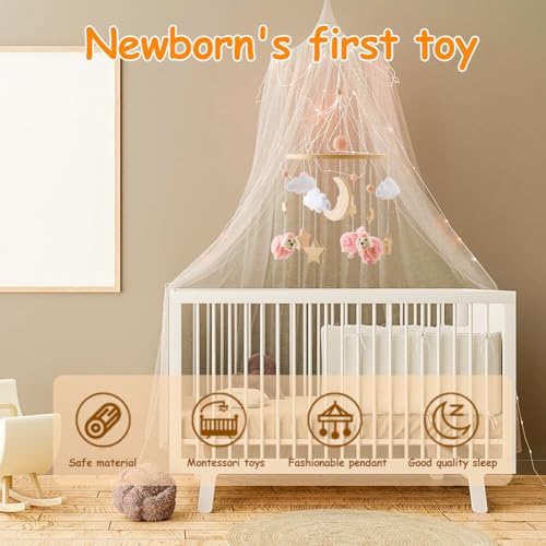 Baby Crib Mobile with Wooden Wind Chime Boho Decor Stars Clouds Moon