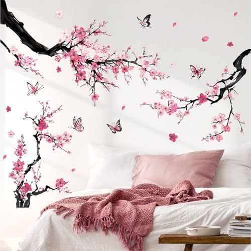 Pink Butterflies and Botanical Plum Blossom Wall Stickers