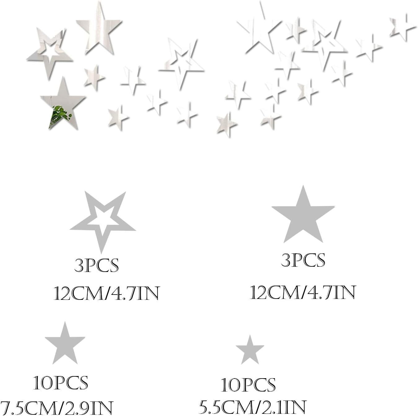 aooyaoo 26pcs Star Acrylic Mirror Wall Stickers 4 Sizes Silver Design Adhesive 3D Decor for Kids Room