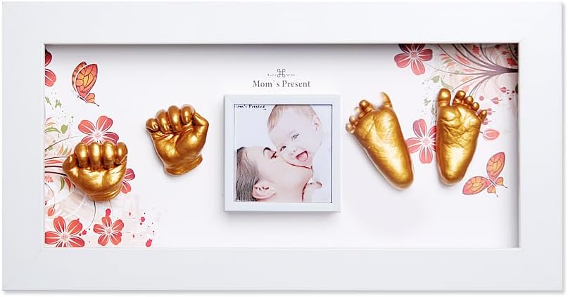 Love Moms Present Baby Handprint Footprint Deluxe Casting Kit with White Frame and Gold Mold