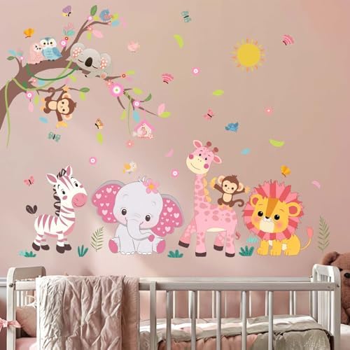 Pink Forest Baby Animals Wall Decals - Elephant Lion Giraffe Monkey Zebra Stickers