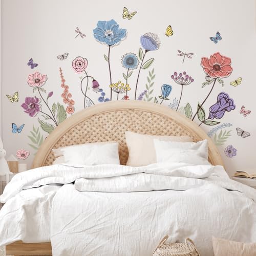 Prabahdak Flower Wall Decals Vintage Floral Butterfly Dragonfly Sticker Peel and Stick Decor