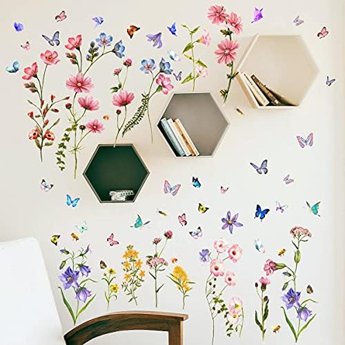 Colorful Flower Wall Stickers with Butterfly and Bee 88 Pcs Removable Decor