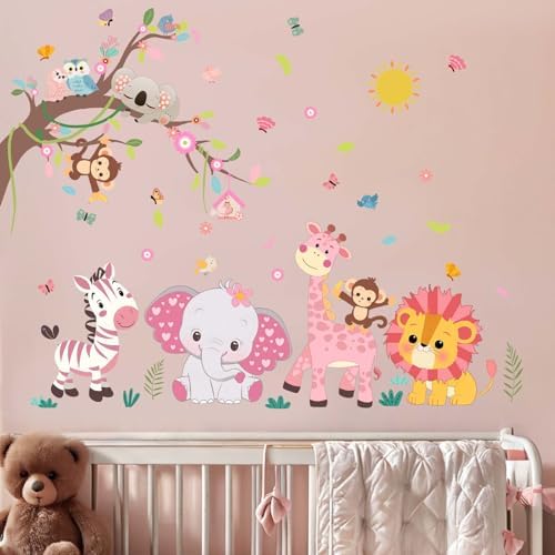 Pink Forest Baby Animals Wall Decals - Elephant Lion Giraffe Monkey Zebra Stickers