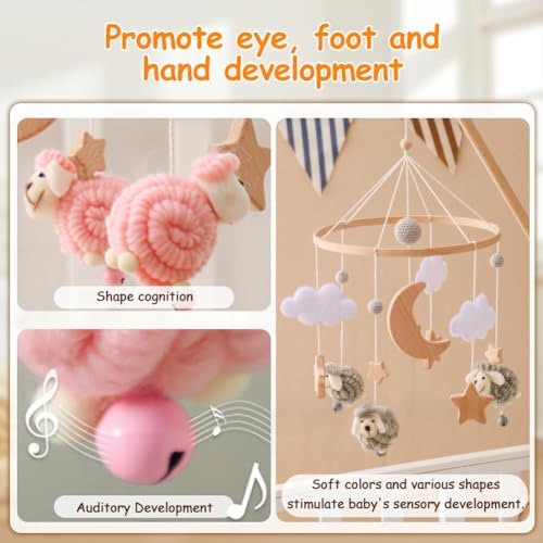 Baby Crib Mobile with Wooden Wind Chime Boho Decor Stars Clouds Moon