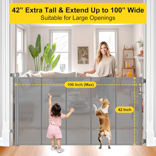 Reinforced 42 Tall x 100 Wide Retractable Baby Gate with Fiberglass Rods