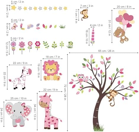 Pink Animal Tree Wall Decals for Girls Bedroom and Nursery