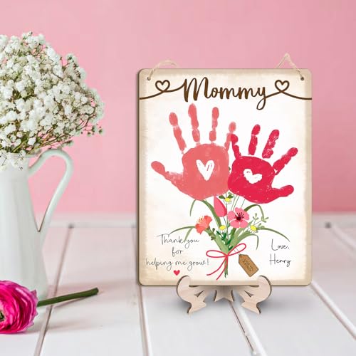 DIY Babys First Mothers Day Handprint Flowers Hanging Sign for Mom