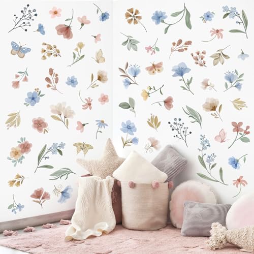 Wondever Boho Blue Floral Wall Decals Peel and Stick for Baby Room