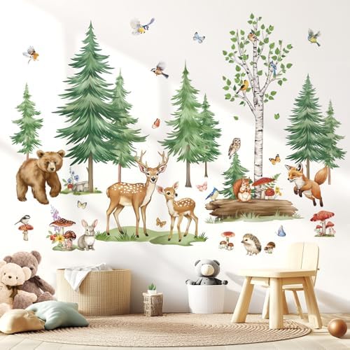 Wondever Large Pine Tree Forest Animals Wall Stickers