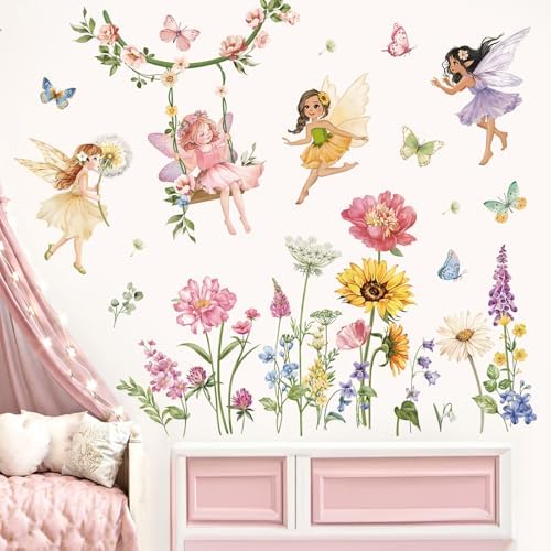 Flower Fairy Wall Decals Butterfly Girl with Wildflower Sunflower Decor Stickers