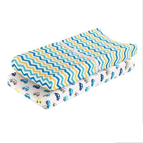 Everyday Kids 2 Pack Baby Changing Pad Covers for Boy - Yellow and Blue Cars Chevron Pattern