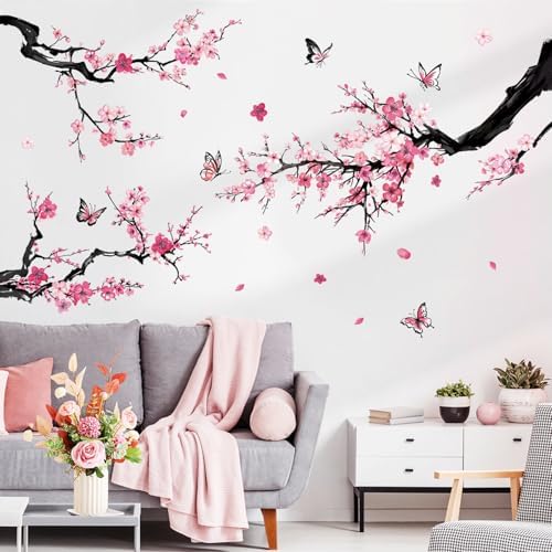 Pink Butterflies and Botanical Plum Blossom Wall Stickers