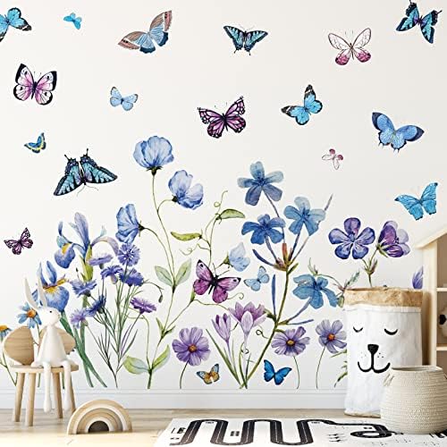 2 Sheets Blue Flower Wall Decals for Girls Bedroom Decor