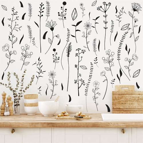 Kazova Black Wildflower Wall Stickers for Kids Room Bedroom Decor