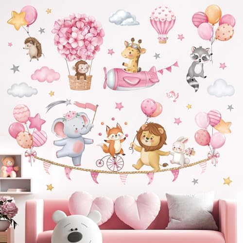 Pink Animal Hot Air Balloon Wall Decals for Girls Room