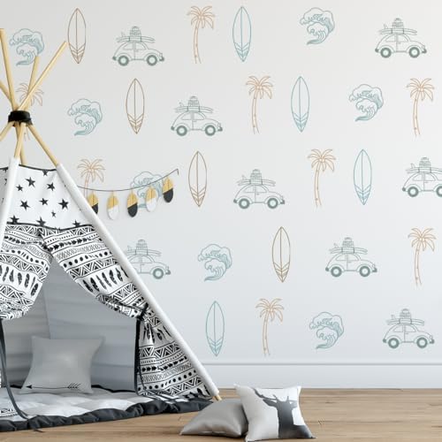 Retro Surfer Wall Sticker with Ocean Waves and Palm Trees