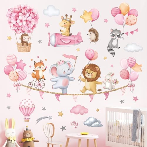 Pink Animal Hot Air Balloon Wall Decals for Girls Room