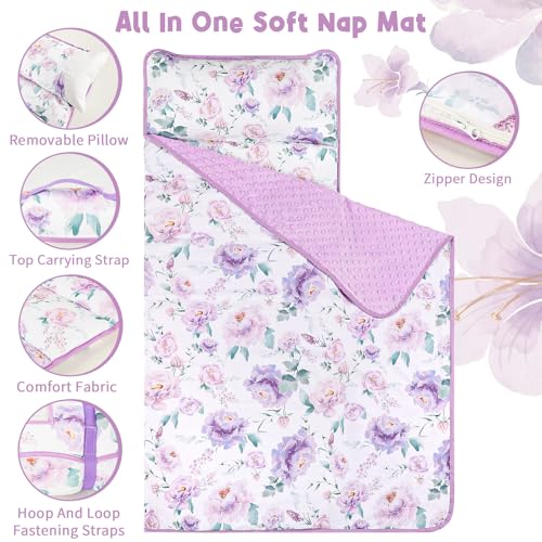 Toddler Nap Mat with Pillow and Minky Blanket Purple