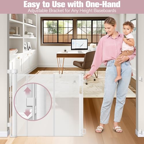 56 Inch Retractable Dog Gate with Reinforced Strip - White