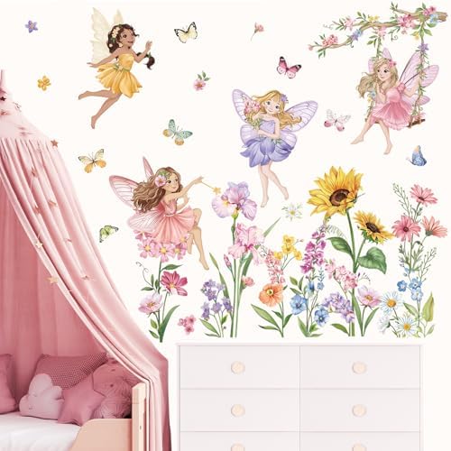 Wondever Fairy Flower Wall Stickers for Girls Bedroom Kids Room Baby Nursery