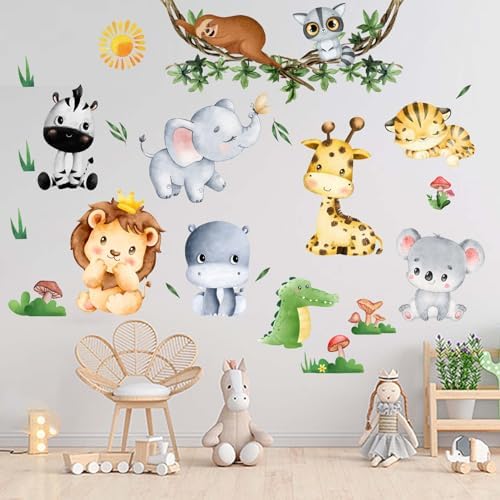 Jungle Baby Animals Wall Stickers - Elephant Lion Tiger Giraffe Room Decor