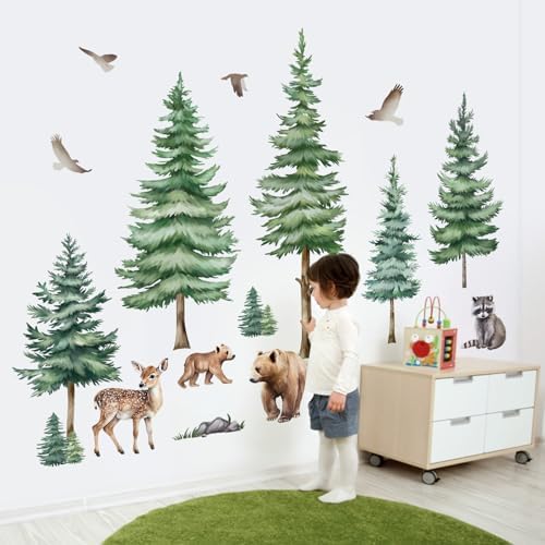 Decalmile Large Pine Tree Wall Decals Woodland Bear Stickers for Kids Room
