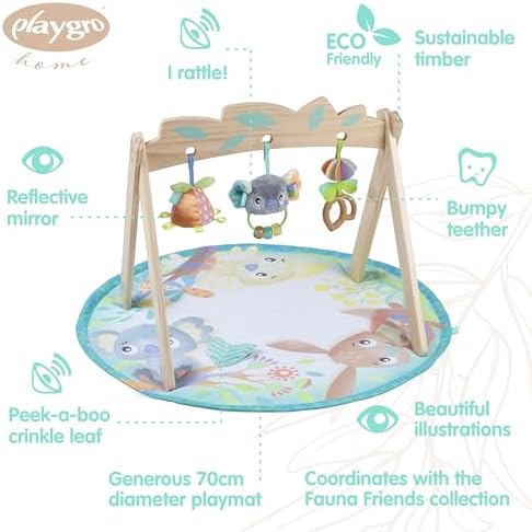 Playgro Fauna Friends Wooden Baby Gym with 3 Hanging Toys