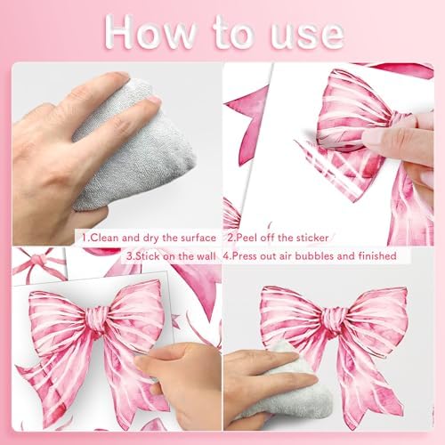 Pink Bow Wall Stickers 8 Sheets 46 Pcs Decor for Nursery and Girls Room