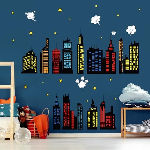 Colorful City Skyline Wall Decals for Bedroom Playroom and Toddler Room