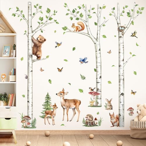 Decalmile Large White Birch Tree Wall Decals with Forest Animals