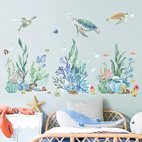 Wondever Ocean Seaweed Grass Wall Stickers Turtle Under Sea Peel and Stick Art Decals for Baby Nursery Kids Room