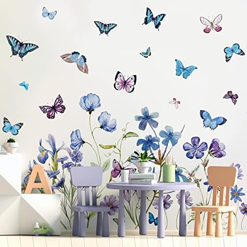 2 Sheets Blue Flower Wall Decals for Girls Bedroom Decor