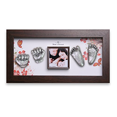 Momspresent Baby Hand Print and Foot Print Deluxe Casting Kit with Brown Frame and Silver