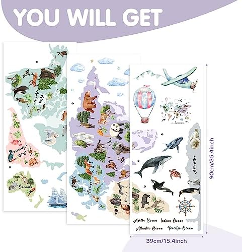 iinuu Animal World Map Wall Decals for Kids