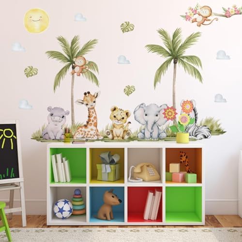 5629 x 4488 Inch Watercolor Animal Wall Decals - Jungle Stickers With Tiger Elephant Zebra Giraffe Monkey Hippo