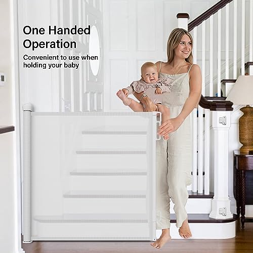 Retractable Baby Gate for Stairs and Doorways 54 Wide 34 Tall Mesh Safety Gate White
