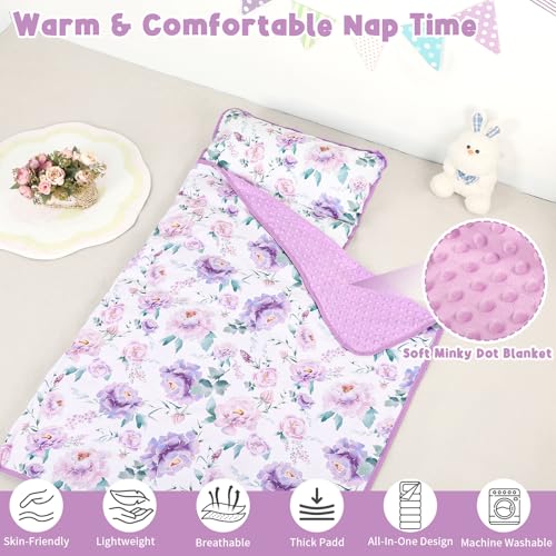 Toddler Nap Mat with Pillow and Minky Blanket Purple
