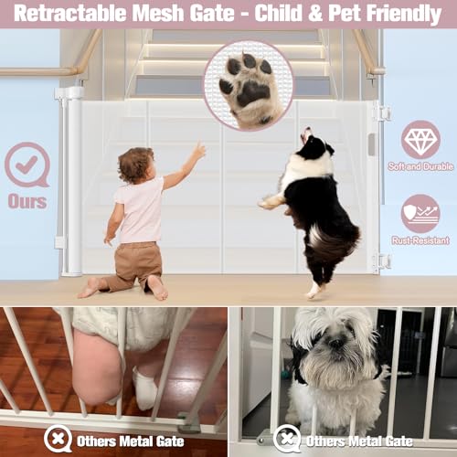 56 Inch Retractable Dog Gate with Reinforced Strip - White