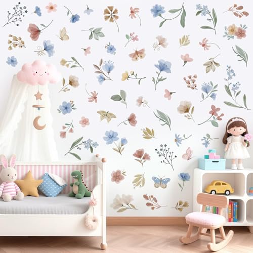 Wondever Boho Blue Floral Wall Decals Peel and Stick for Baby Room