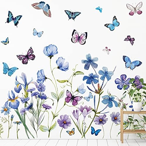 2 Sheets Blue Flower Wall Decals for Girls Bedroom Decor