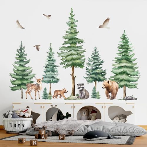 Decalmile Large Pine Tree Wall Decals Woodland Bear Stickers for Kids Room