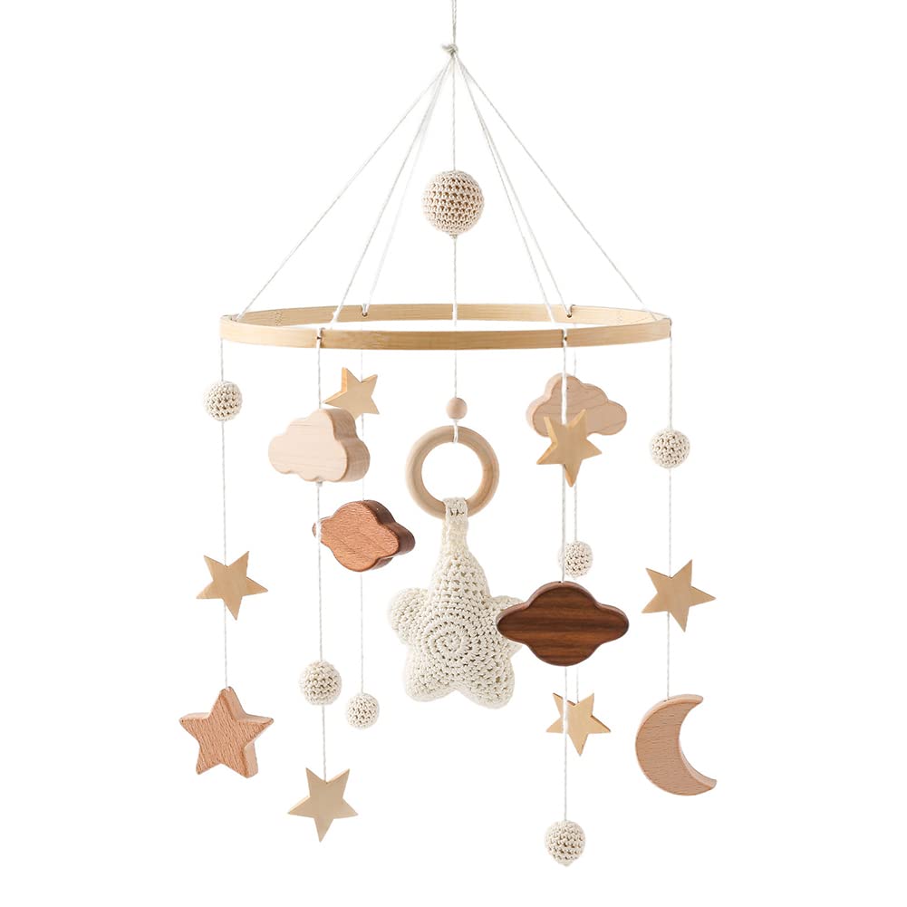 Baby Musical Crib Mobile with Rotating Wooden Stars Pendant