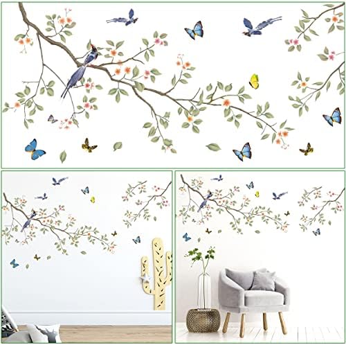 Green Leaf Branch Wall Decals with White Flowers and Butterflies